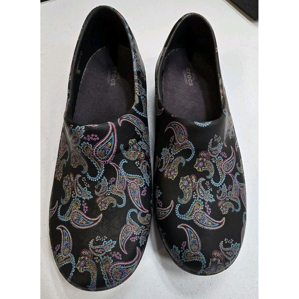 Crocs Neria Pro II Works Shoes Black Paisley Slip Resistant Nurse Womens Sz 10